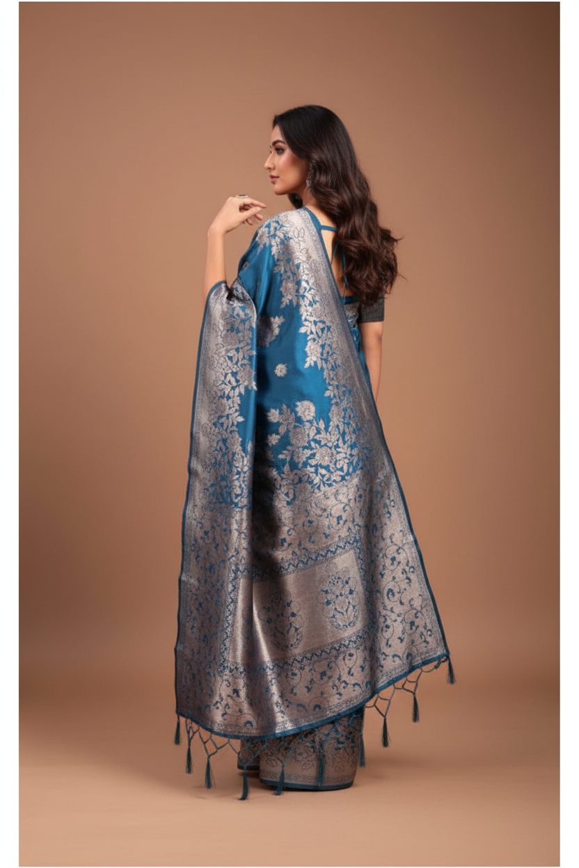Snuggle Spot Women's Banarasi Silk Printed Saree With Unstitched Blouse 5.5Mtr (Teal Blue)