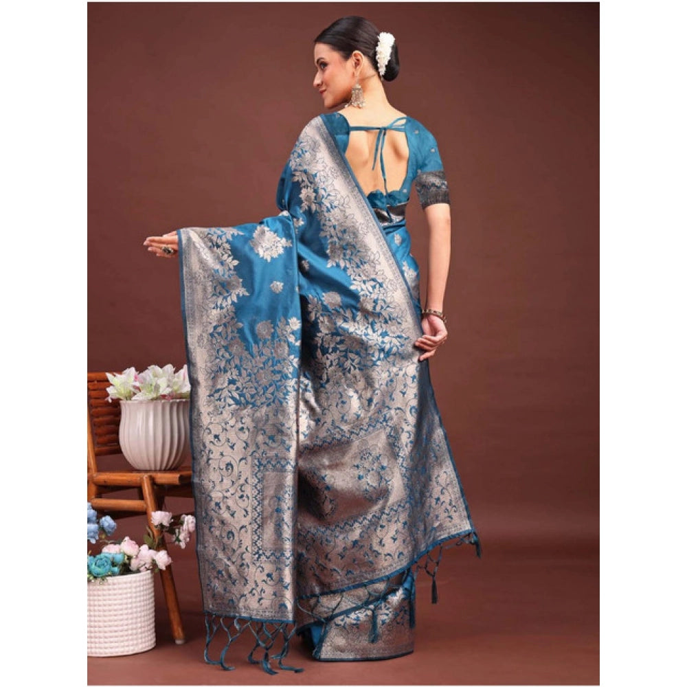 Snuggle Spot Women's Banarasi Silk Printed Saree With Unstitched Blouse 5.5Mtr (Teal Blue)