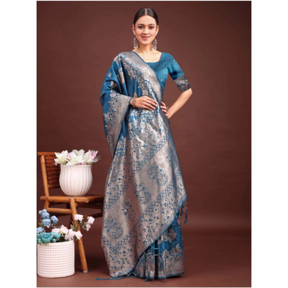 Snuggle Spot Women's Banarasi Silk Printed Saree With Unstitched Blouse 5.5Mtr (Teal Blue)