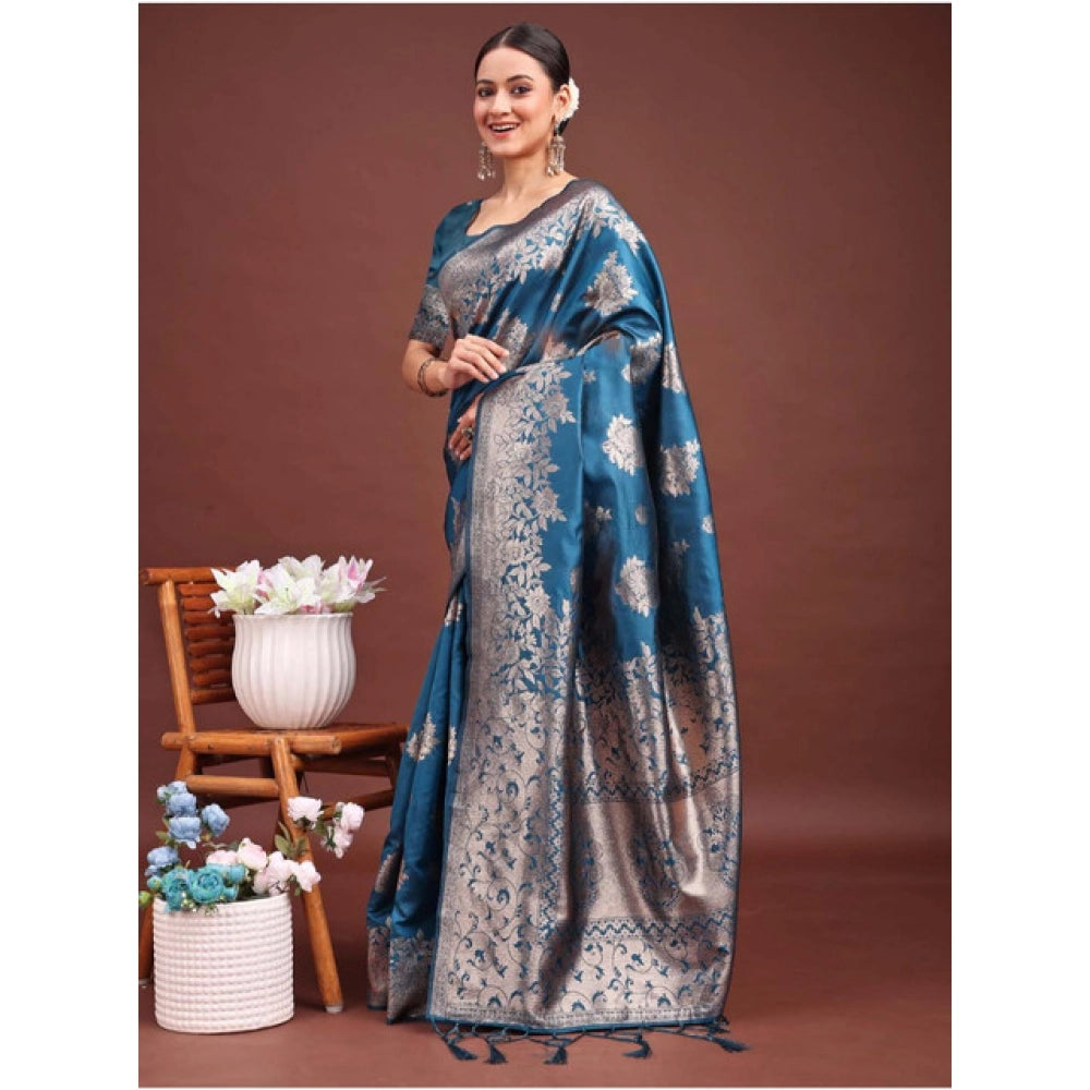Snuggle Spot Women's Banarasi Silk Printed Saree With Unstitched Blouse 5.5Mtr (Teal Blue)
