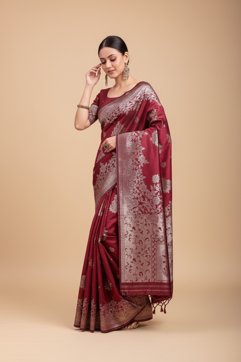 Snuggle Spot Women's Banarasi Silk Printed Saree With Unstitched Blouse 5.5Mtr (Maroon)