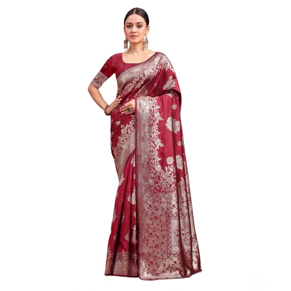 Snuggle Spot Women's Banarasi Silk Printed Saree With Unstitched Blouse 5.5Mtr (Maroon)