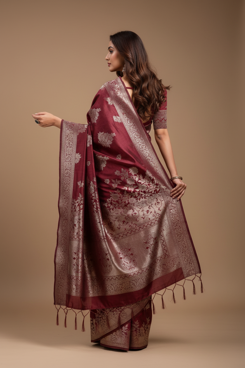 Snuggle Spot Women's Banarasi Silk Printed Saree With Unstitched Blouse 5.5Mtr (Maroon)