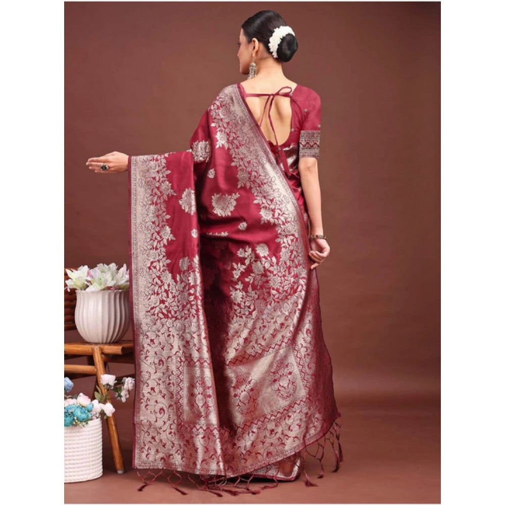 Snuggle Spot Women's Banarasi Silk Printed Saree With Unstitched Blouse 5.5Mtr (Maroon)