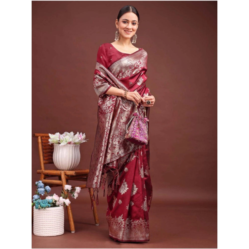 Snuggle Spot Women's Banarasi Silk Printed Saree With Unstitched Blouse 5.5Mtr (Maroon)