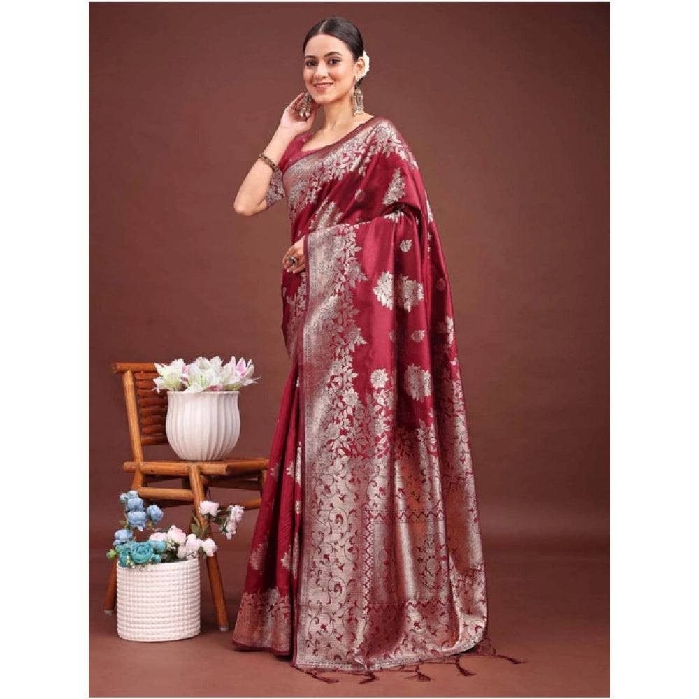 Snuggle Spot Women's Banarasi Silk Printed Saree With Unstitched Blouse 5.5Mtr (Maroon)