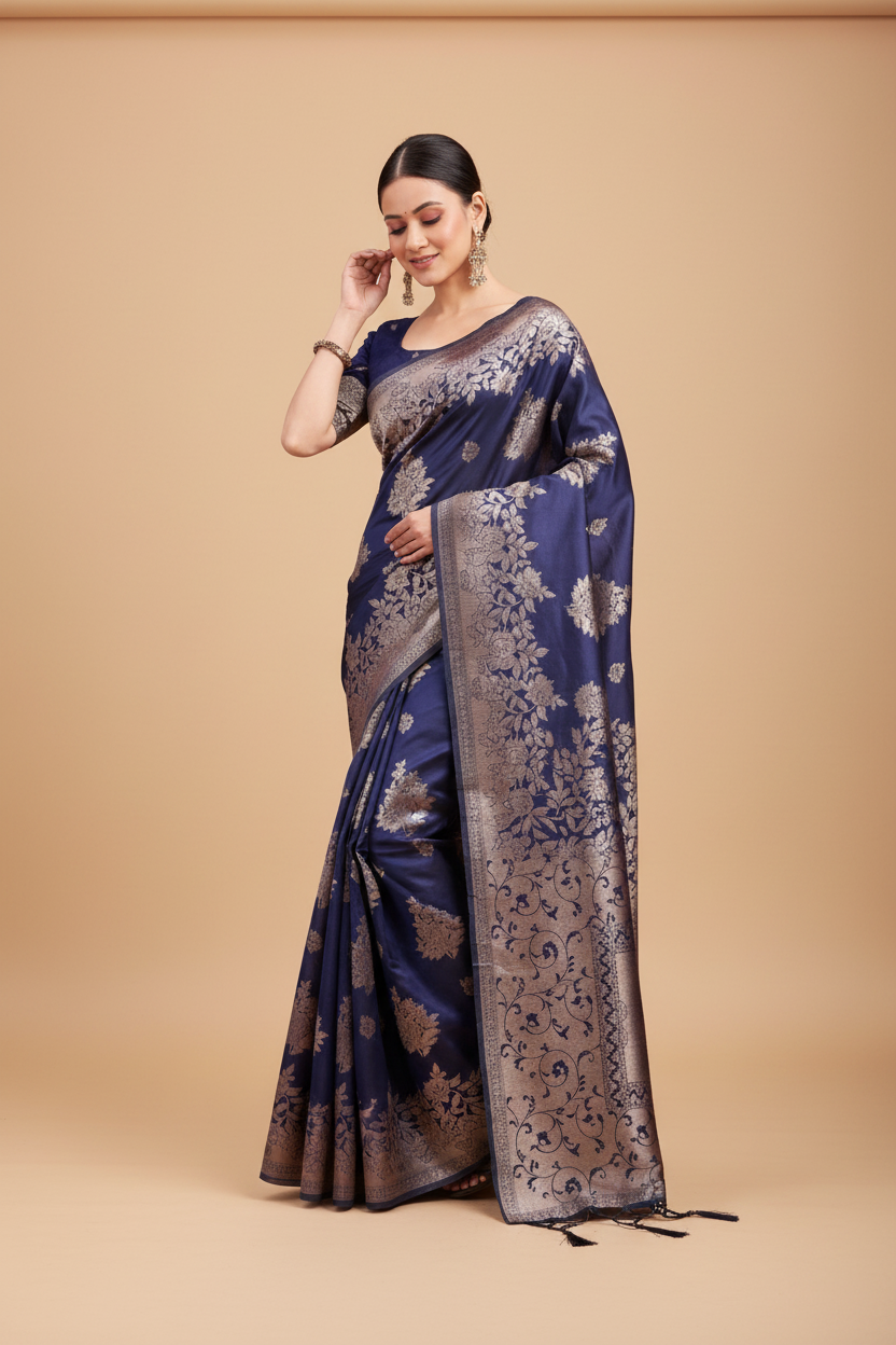 Snuggle Spot Women's Banarasi Silk Printed Saree With Unstitched Blouse 5.5Mtr (Navy Blue)