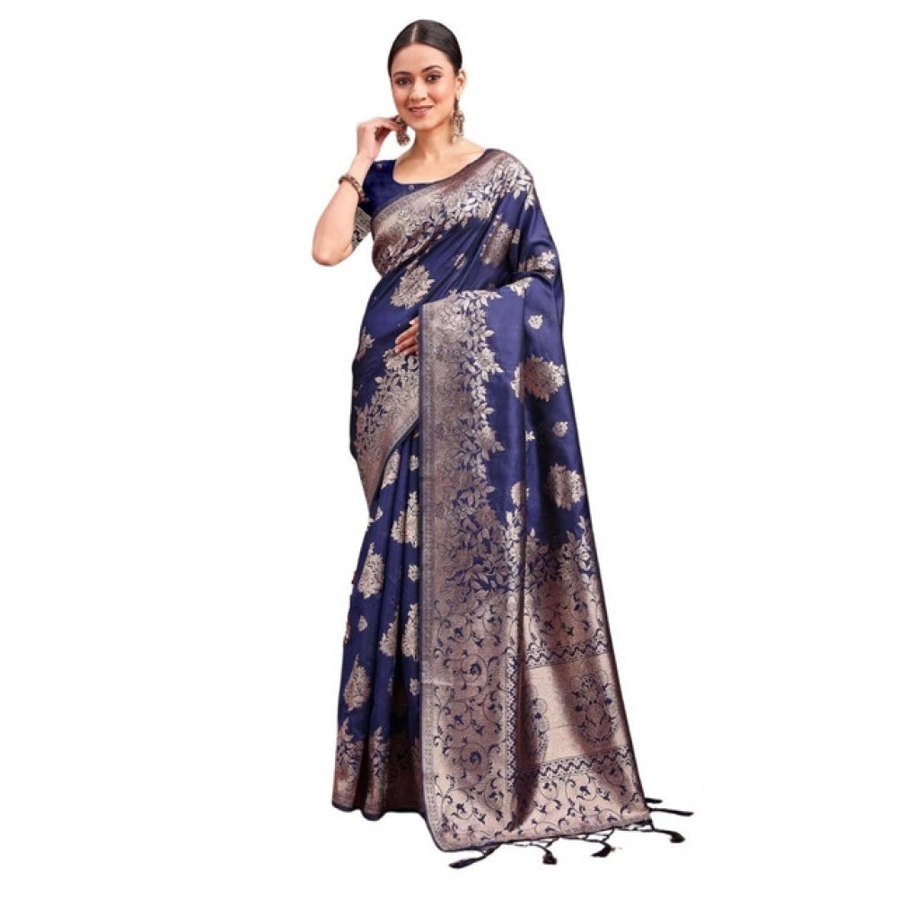 Snuggle Spot Women's Banarasi Silk Printed Saree With Unstitched Blouse 5.5Mtr (Navy Blue)