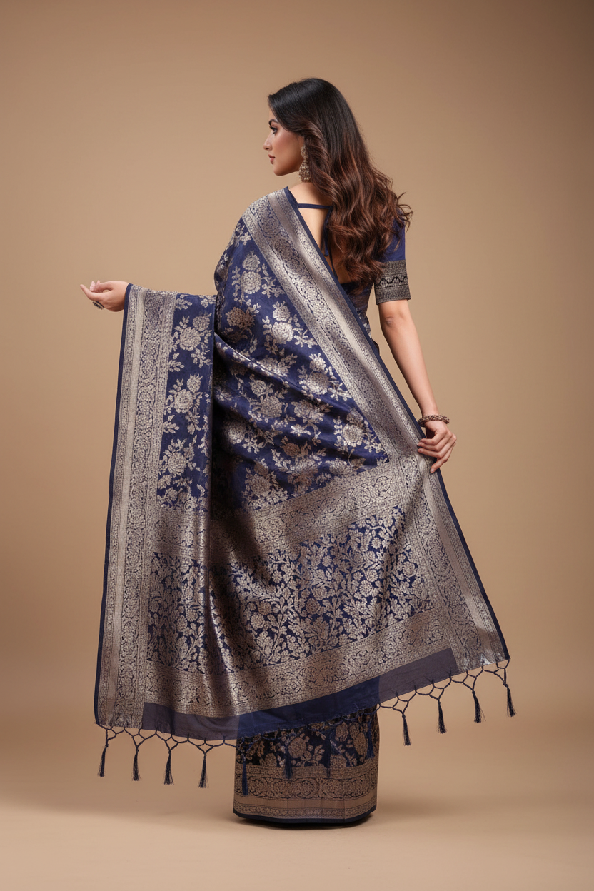 Snuggle Spot Women's Banarasi Silk Printed Saree With Unstitched Blouse 5.5Mtr (Navy Blue)