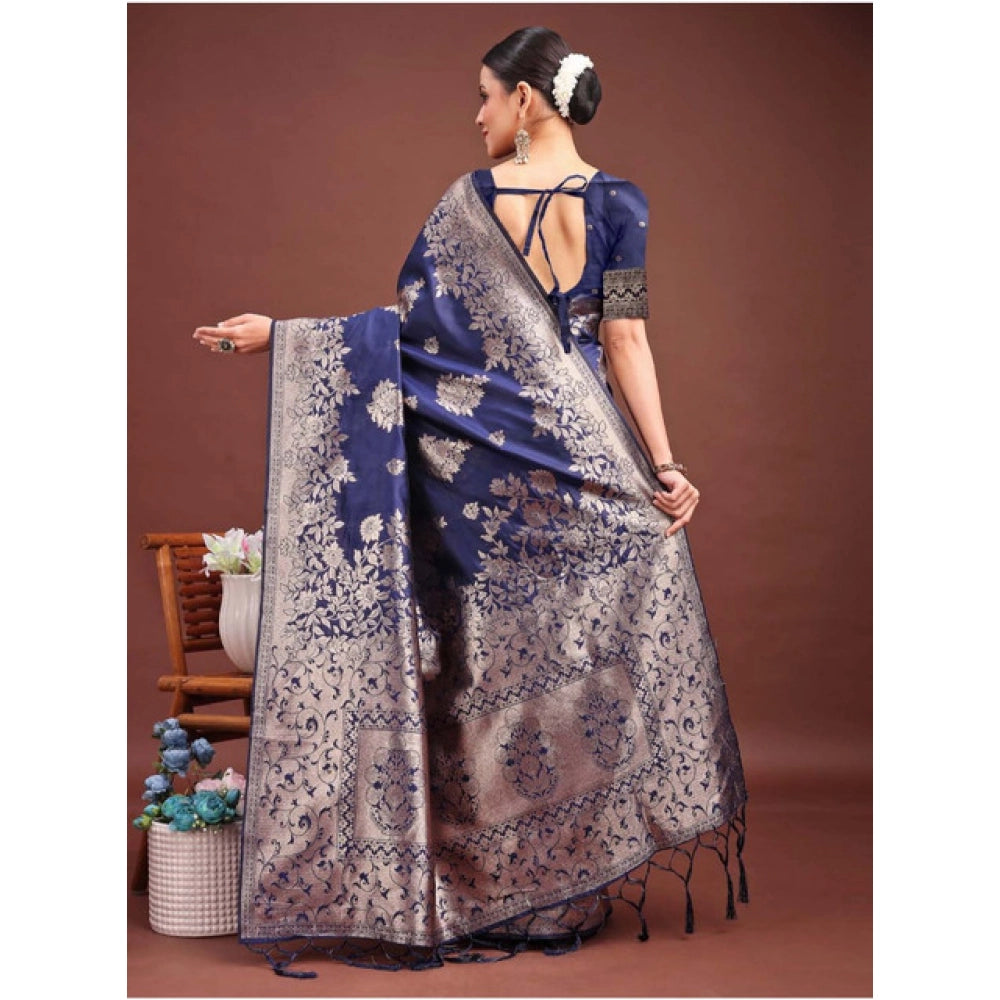 Snuggle Spot Women's Banarasi Silk Printed Saree With Unstitched Blouse 5.5Mtr (Navy Blue)