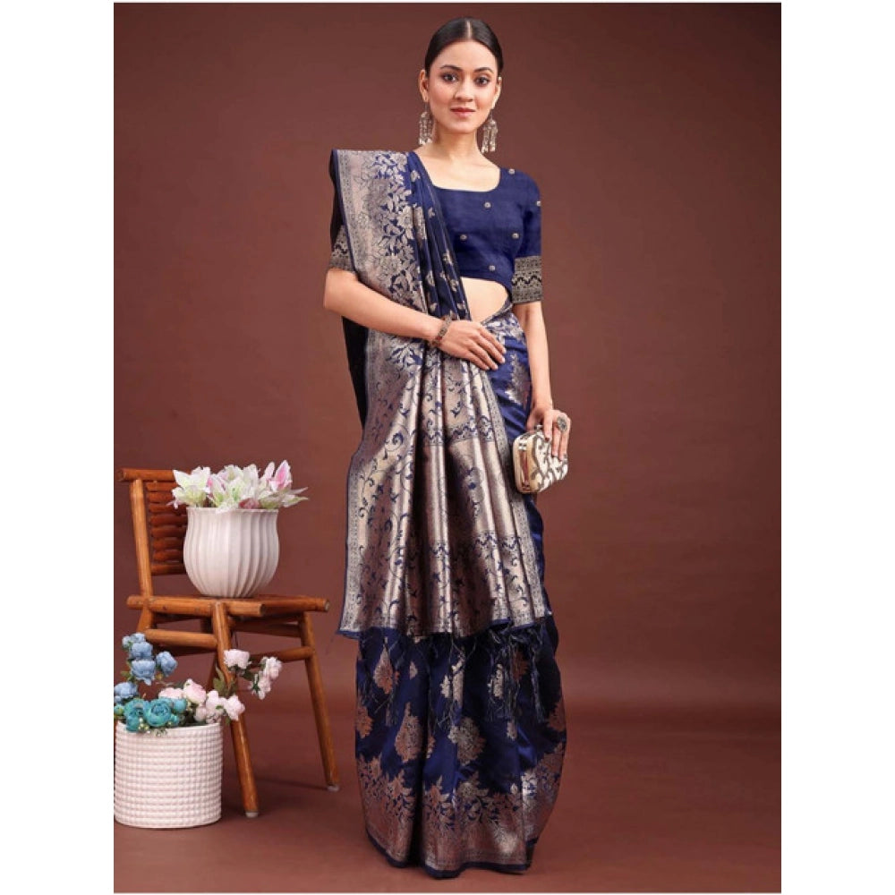Snuggle Spot Women's Banarasi Silk Printed Saree With Unstitched Blouse 5.5Mtr (Navy Blue)