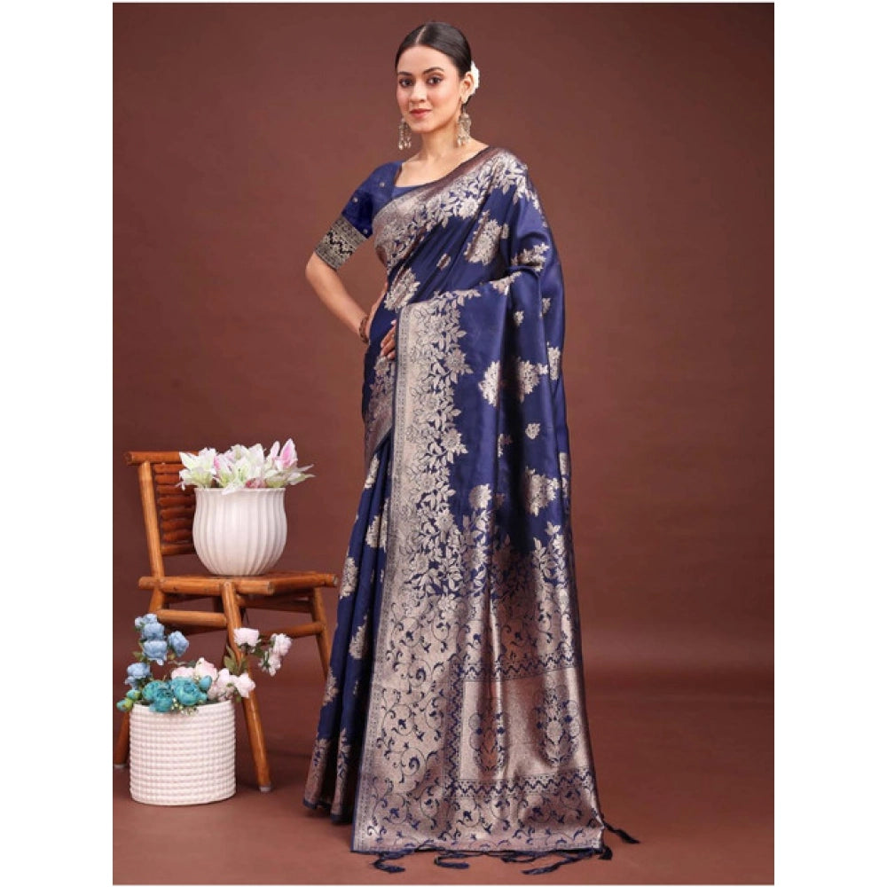 Snuggle Spot Women's Banarasi Silk Printed Saree With Unstitched Blouse 5.5Mtr (Navy Blue)
