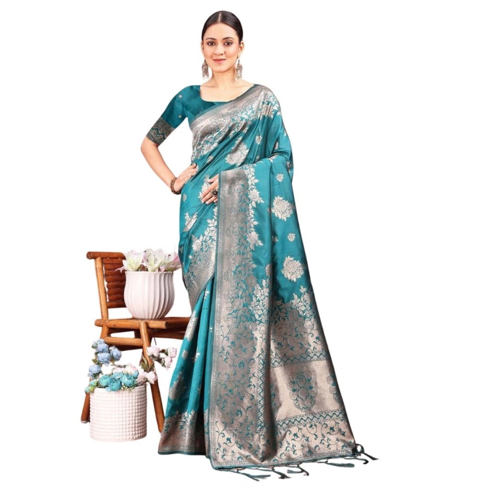 Snuggle Spot Women's Banarasi Silk Printed Saree With Unstitched Blouse 5.5Mtr (Sea Green)