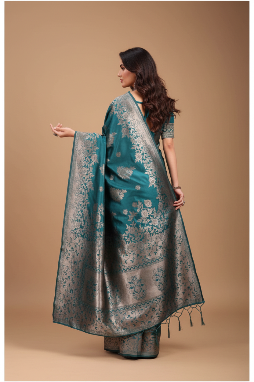 Snuggle Spot Women's Banarasi Silk Printed Saree With Unstitched Blouse 5.5Mtr (Sea Green)