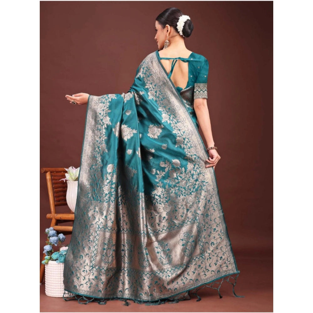 Snuggle Spot Women's Banarasi Silk Printed Saree With Unstitched Blouse 5.5Mtr (Sea Green)