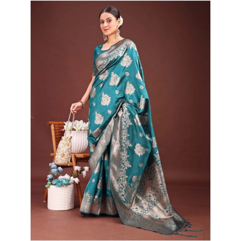 Snuggle Spot Women's Banarasi Silk Printed Saree With Unstitched Blouse 5.5Mtr (Sea Green)