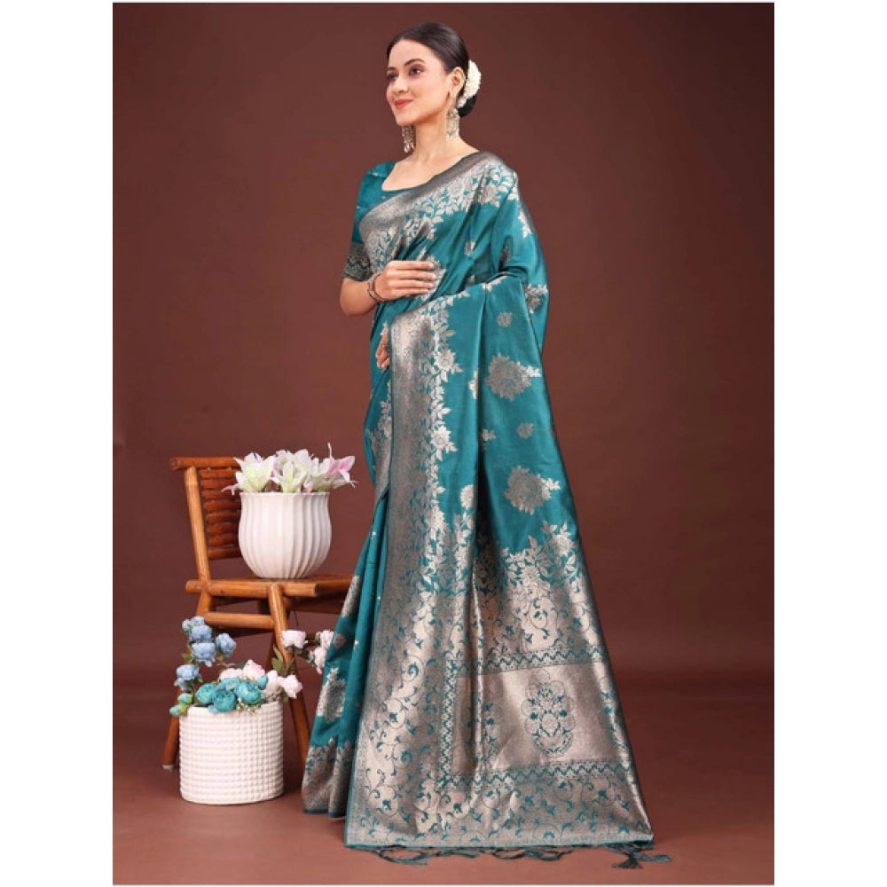 Snuggle Spot Women's Banarasi Silk Printed Saree With Unstitched Blouse 5.5Mtr (Sea Green)
