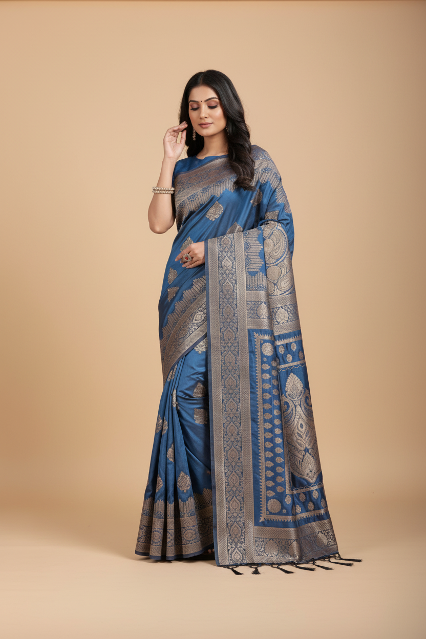 Snuggle Spot Women's Silk Blend Printed Saree With Unstitched Blouse 5.5Mtr (Sky Blue)