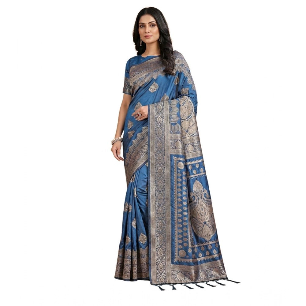 Snuggle Spot Women's Silk Blend Printed Saree With Unstitched Blouse 5.5Mtr (Sky Blue)