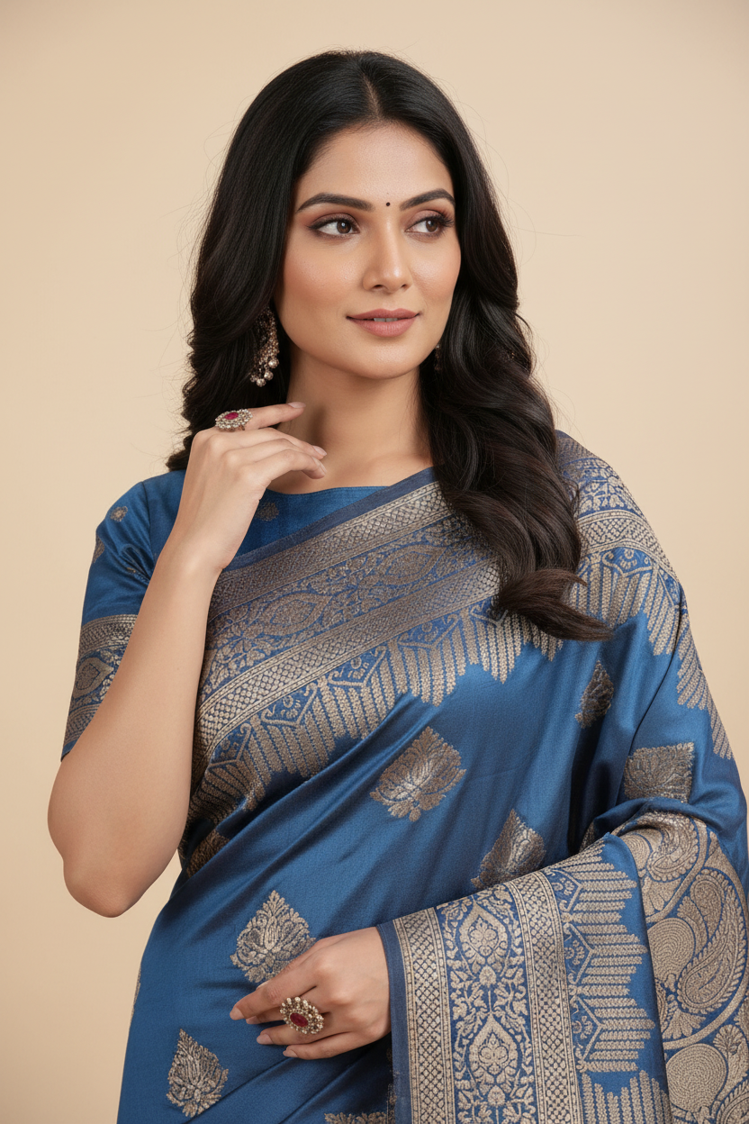 Snuggle Spot Women's Silk Blend Printed Saree With Unstitched Blouse 5.5Mtr (Sky Blue)