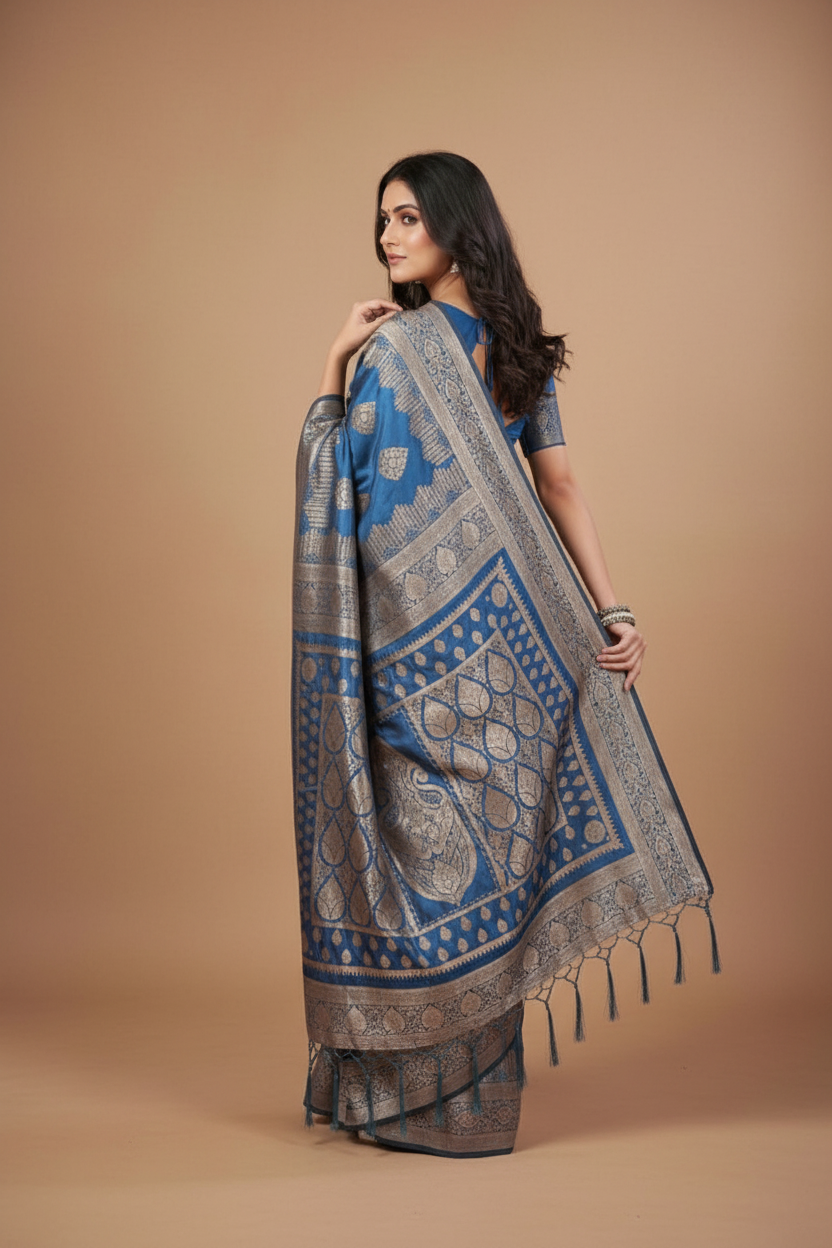 Snuggle Spot Women's Silk Blend Printed Saree With Unstitched Blouse 5.5Mtr (Sky Blue)