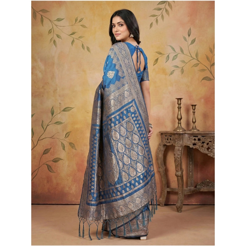 Snuggle Spot Women's Silk Blend Printed Saree With Unstitched Blouse 5.5Mtr (Sky Blue)