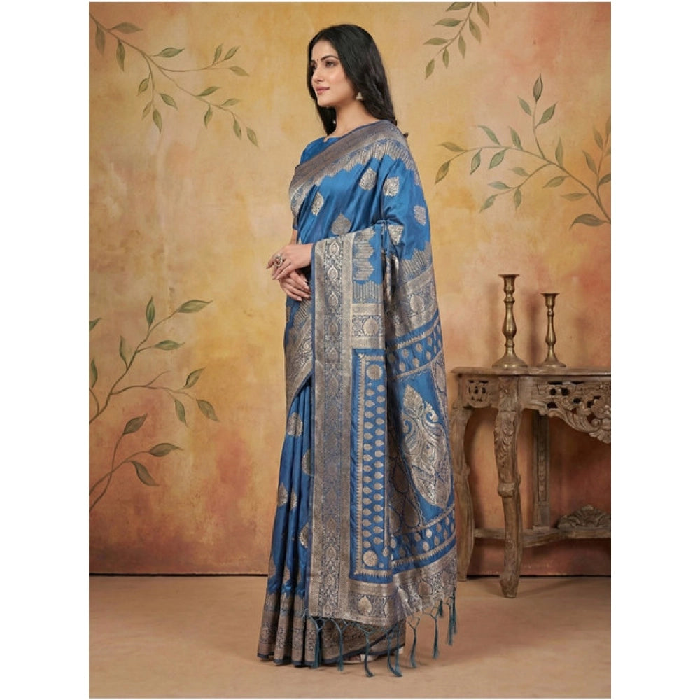 Snuggle Spot Women's Silk Blend Printed Saree With Unstitched Blouse 5.5Mtr (Sky Blue)
