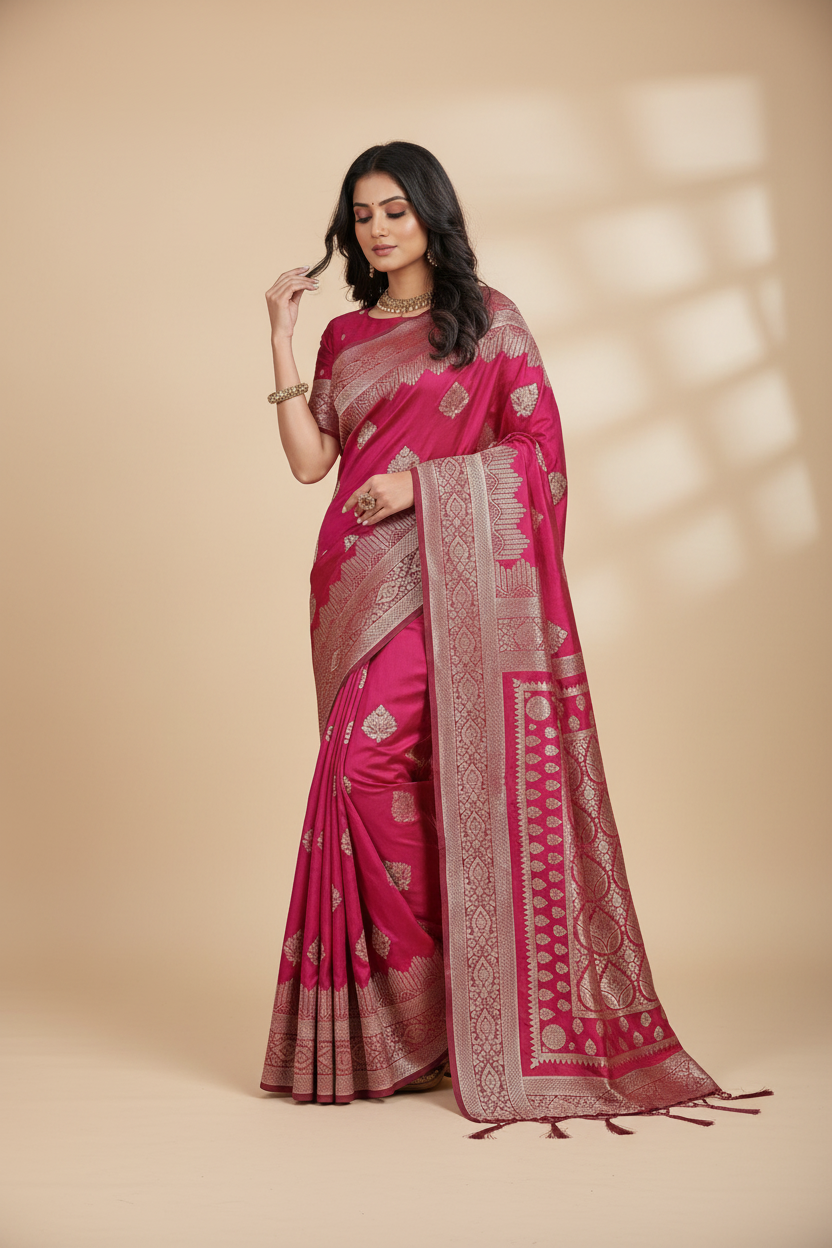 Snuggle Spot Women's Silk Blend Printed Saree With Unstitched Blouse 5.5Mtr (Magenta)