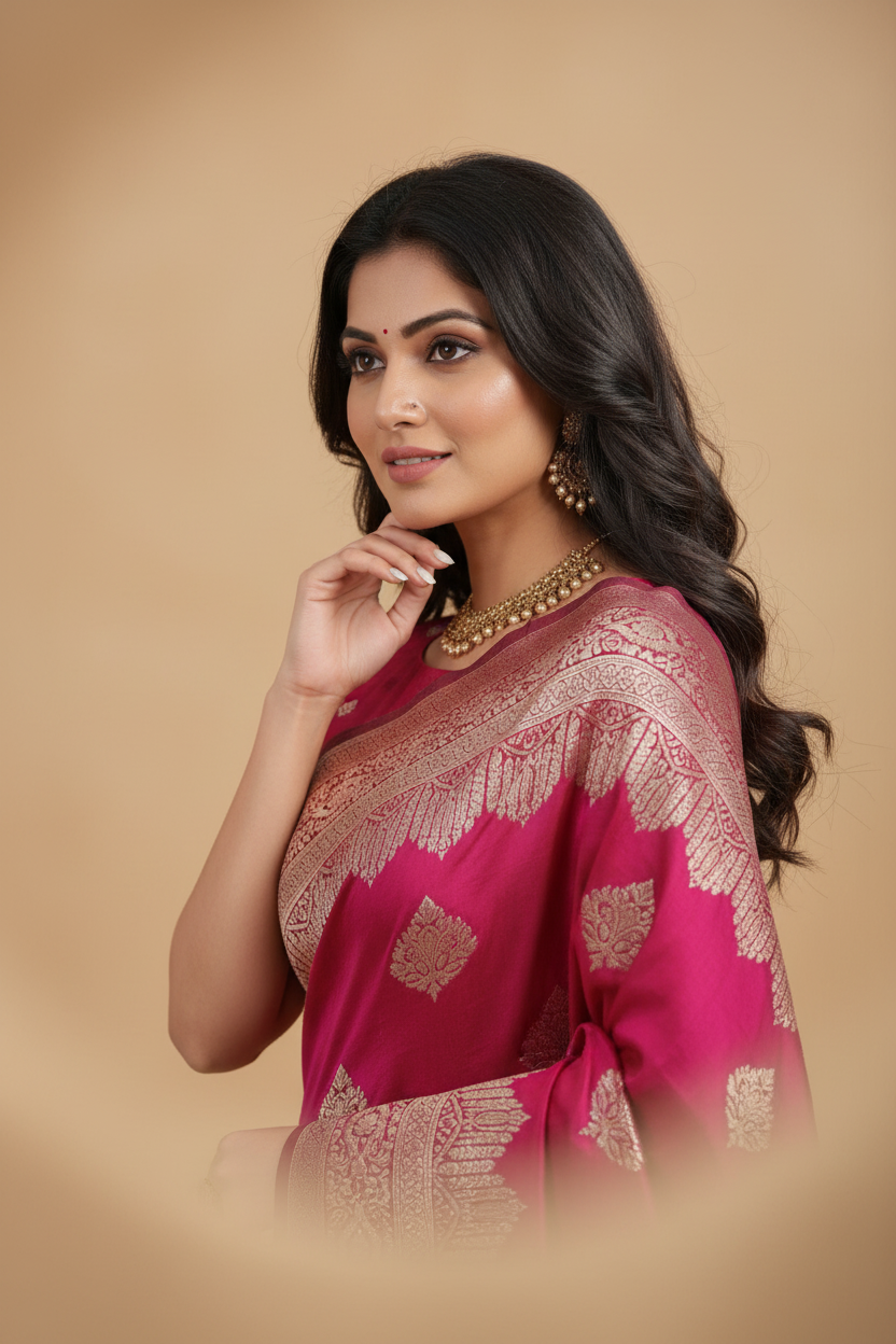 Snuggle Spot Women's Silk Blend Printed Saree With Unstitched Blouse 5.5Mtr (Magenta)