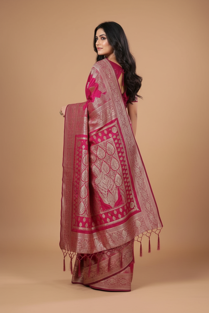Snuggle Spot Women's Silk Blend Printed Saree With Unstitched Blouse 5.5Mtr (Magenta)