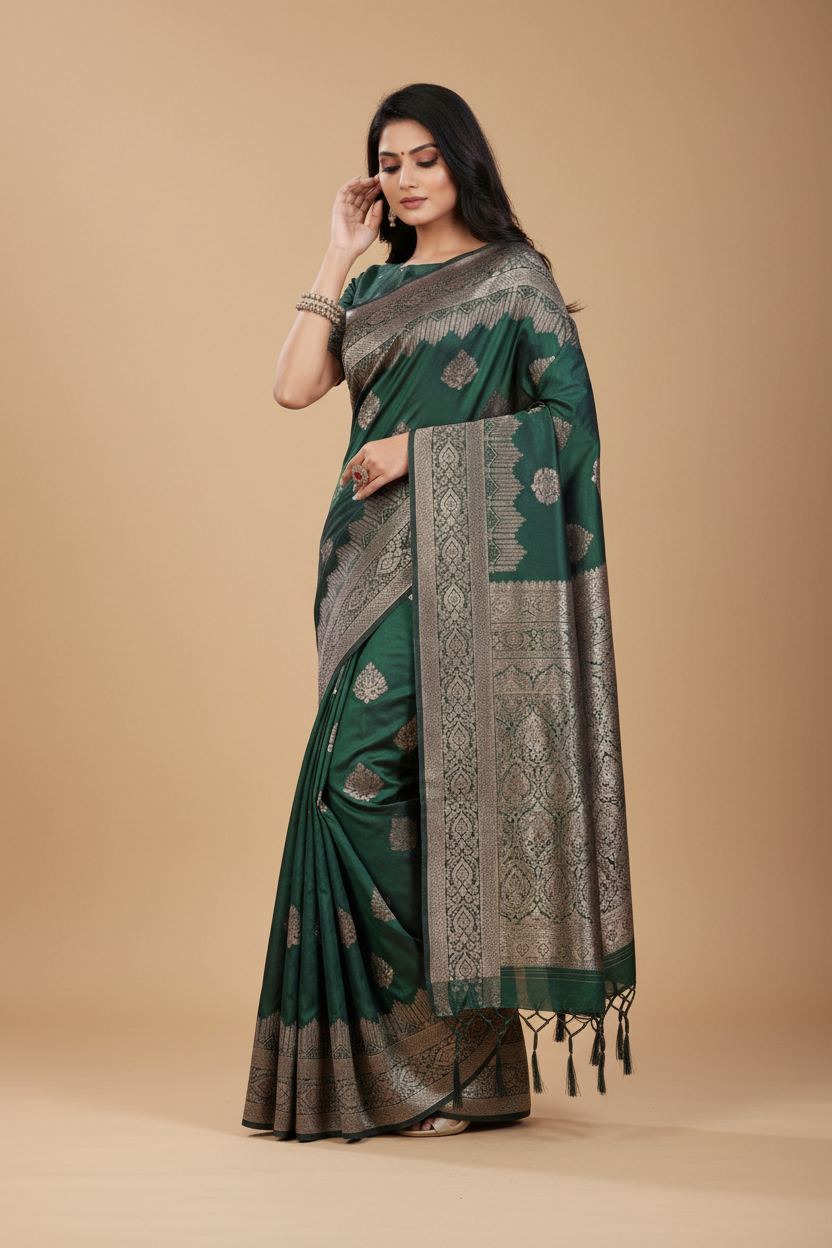 Snuggle Spot Women's Silk Blend Printed Saree With Unstitched Blouse 5.5Mtr (Green)