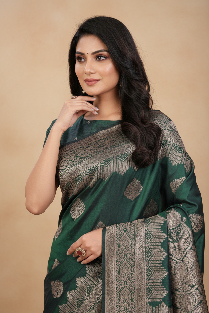 Snuggle Spot Women's Silk Blend Printed Saree With Unstitched Blouse 5.5Mtr (Green)