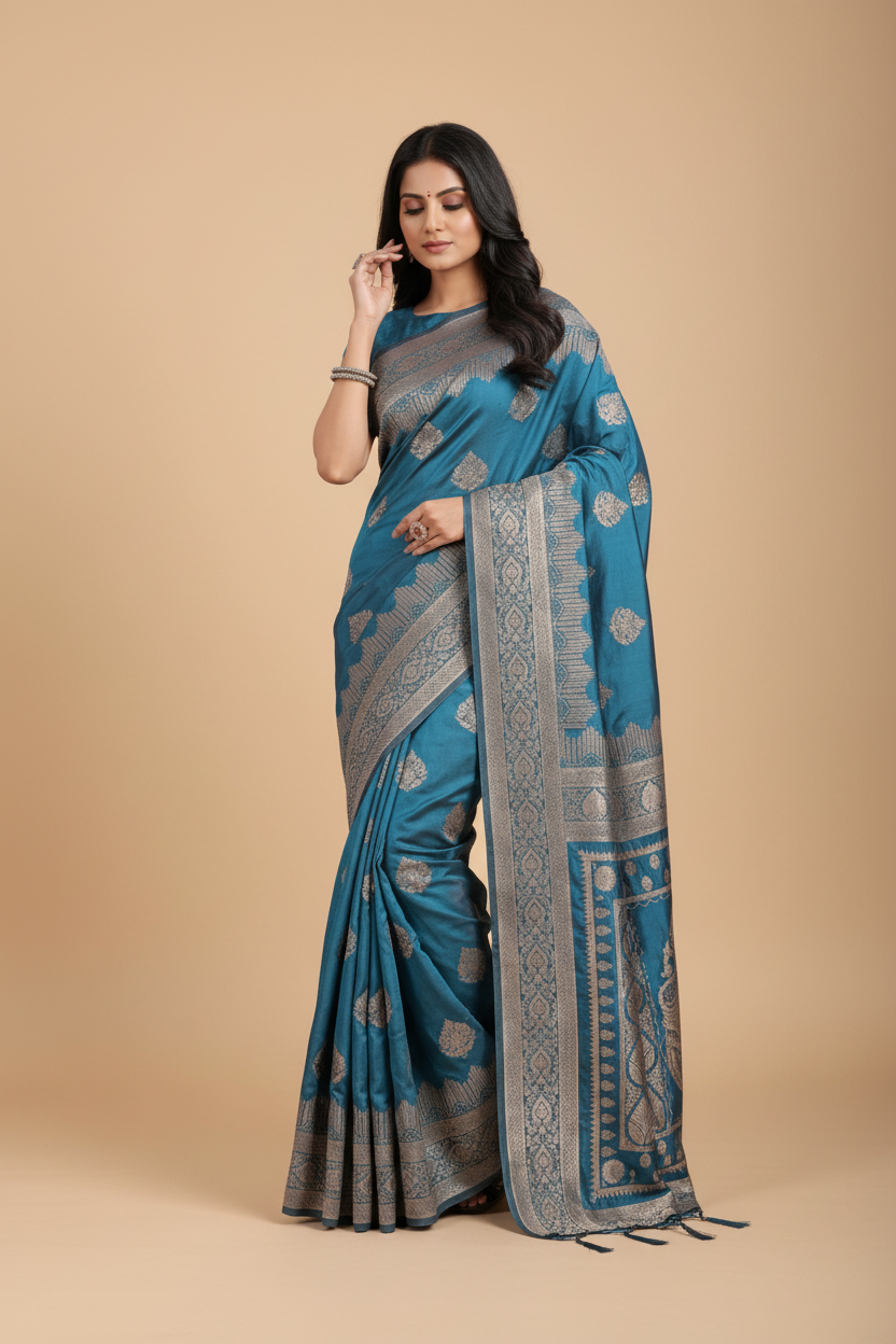 Snuggle Spot Women's Silk Blend Printed Saree With Unstitched Blouse 5.5Mtr (Teal)