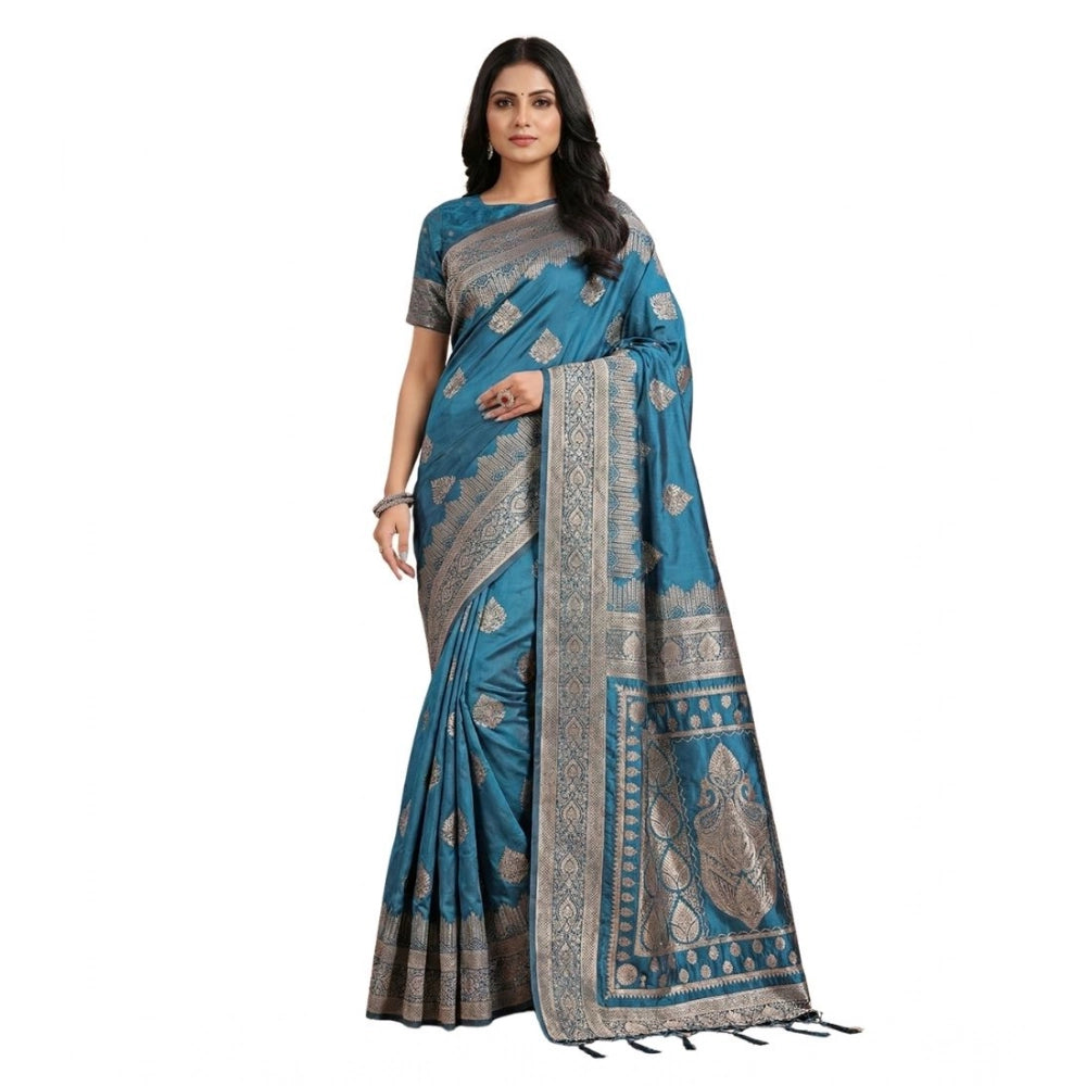 Snuggle Spot Women's Silk Blend Printed Saree With Unstitched Blouse 5.5Mtr (Teal)