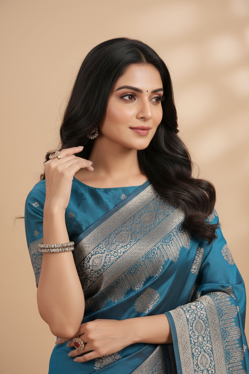 Snuggle Spot Women's Silk Blend Printed Saree With Unstitched Blouse 5.5Mtr (Teal)