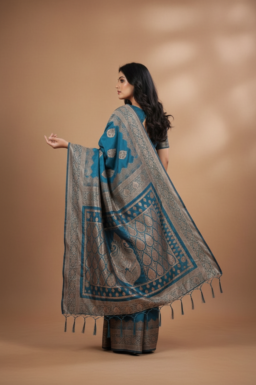 Snuggle Spot Women's Silk Blend Printed Saree With Unstitched Blouse 5.5Mtr (Teal)