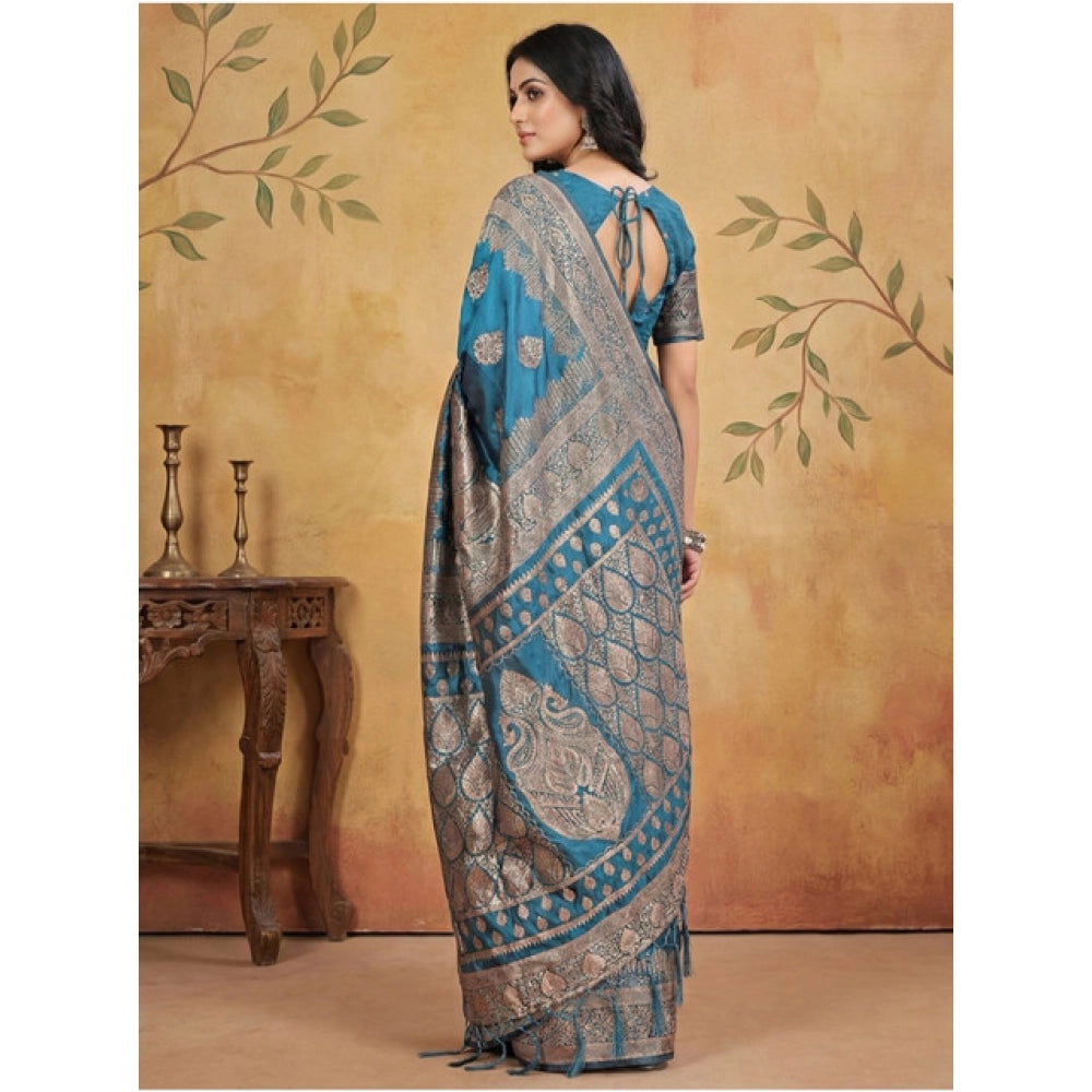 Snuggle Spot Women's Silk Blend Printed Saree With Unstitched Blouse 5.5Mtr (Teal)