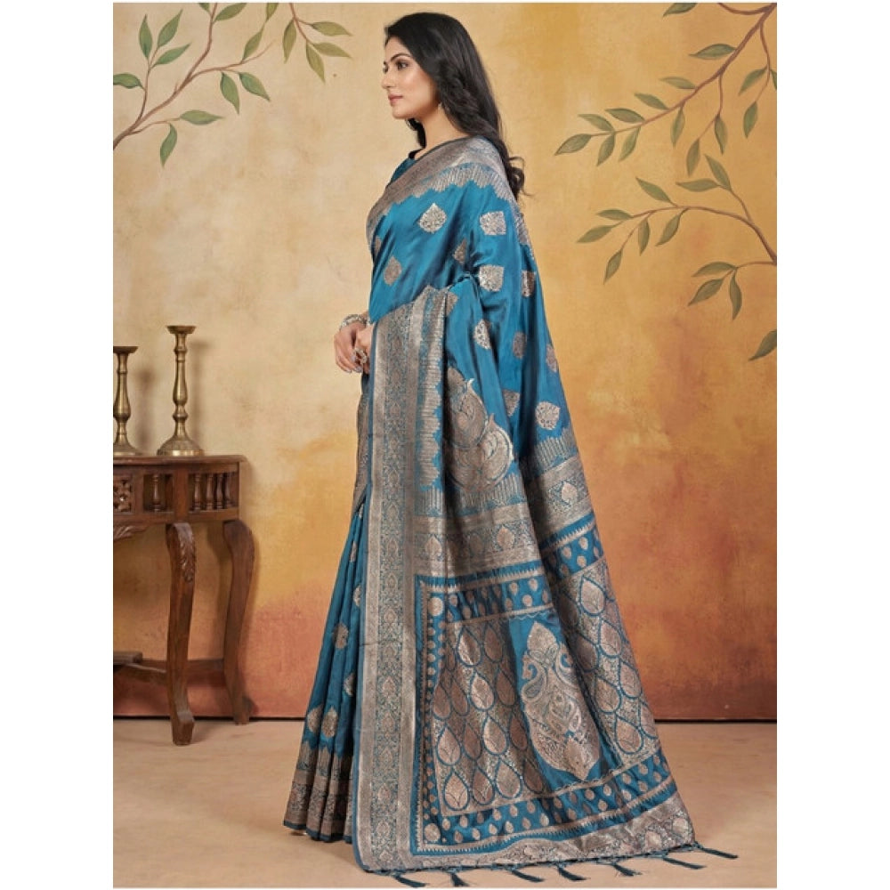 Snuggle Spot Women's Silk Blend Printed Saree With Unstitched Blouse 5.5Mtr (Teal)