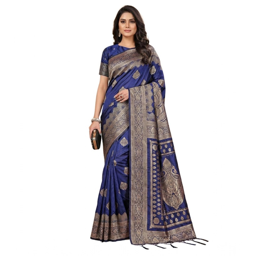 Snuggle Spot Women's Silk Blend Printed Saree With Unstitched Blouse 5.5Mtr (Navy Blue)
