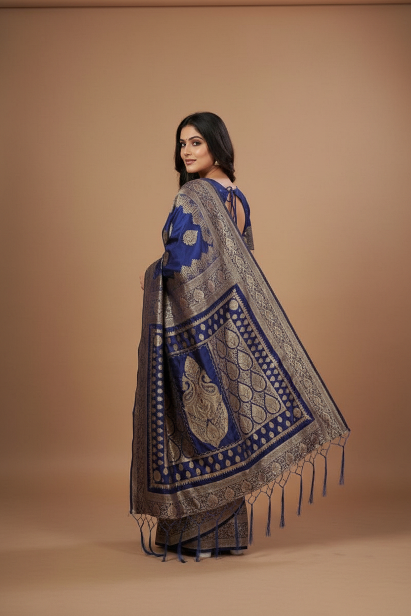 Snuggle Spot Women's Silk Blend Printed Saree With Unstitched Blouse 5.5Mtr (Navy Blue)