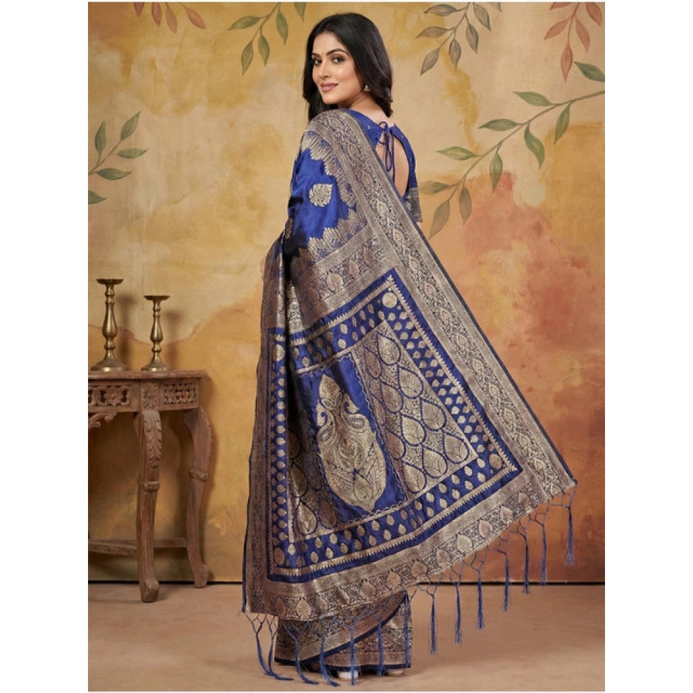 Snuggle Spot Women's Silk Blend Printed Saree With Unstitched Blouse 5.5Mtr (Navy Blue)