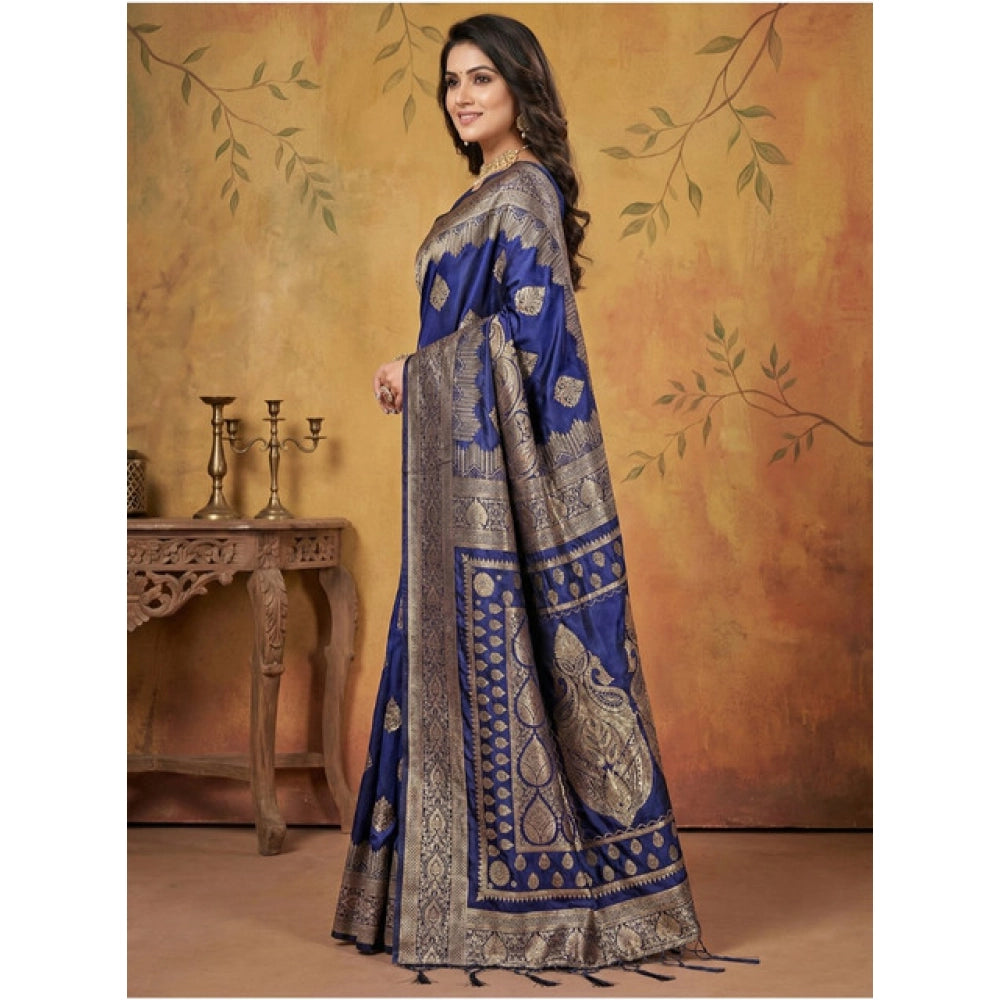 Snuggle Spot Women's Silk Blend Printed Saree With Unstitched Blouse 5.5Mtr (Navy Blue)