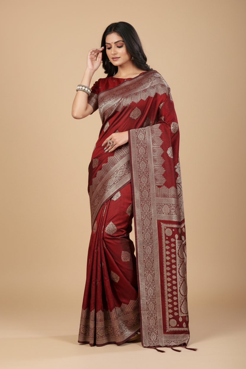 Snuggle Spot Women's Silk Blend Printed Saree With Unstitched Blouse 5.5Mtr (Maroon)