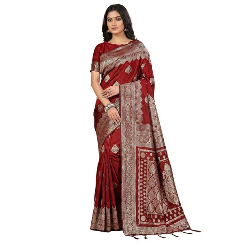Snuggle Spot Women's Silk Blend Printed Saree With Unstitched Blouse 5.5Mtr (Maroon)