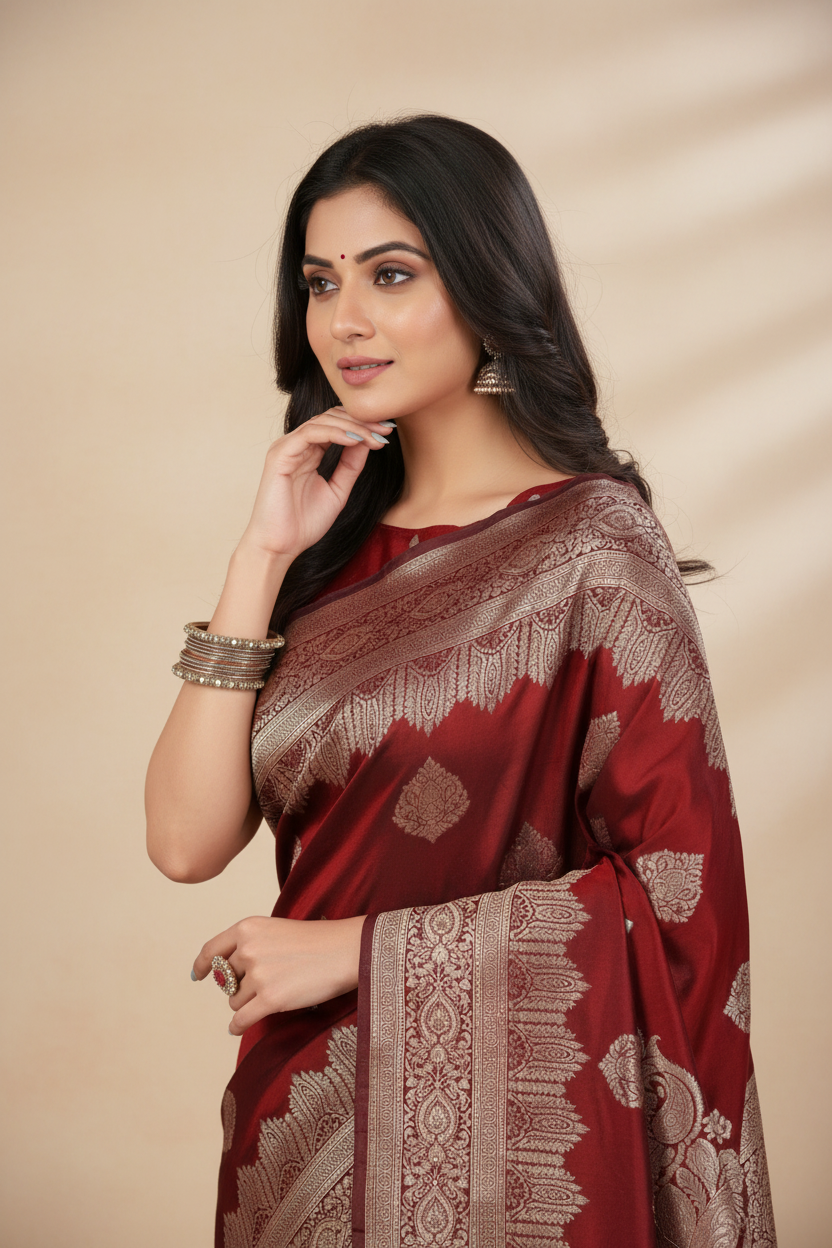 Snuggle Spot Women's Silk Blend Printed Saree With Unstitched Blouse 5.5Mtr (Maroon)