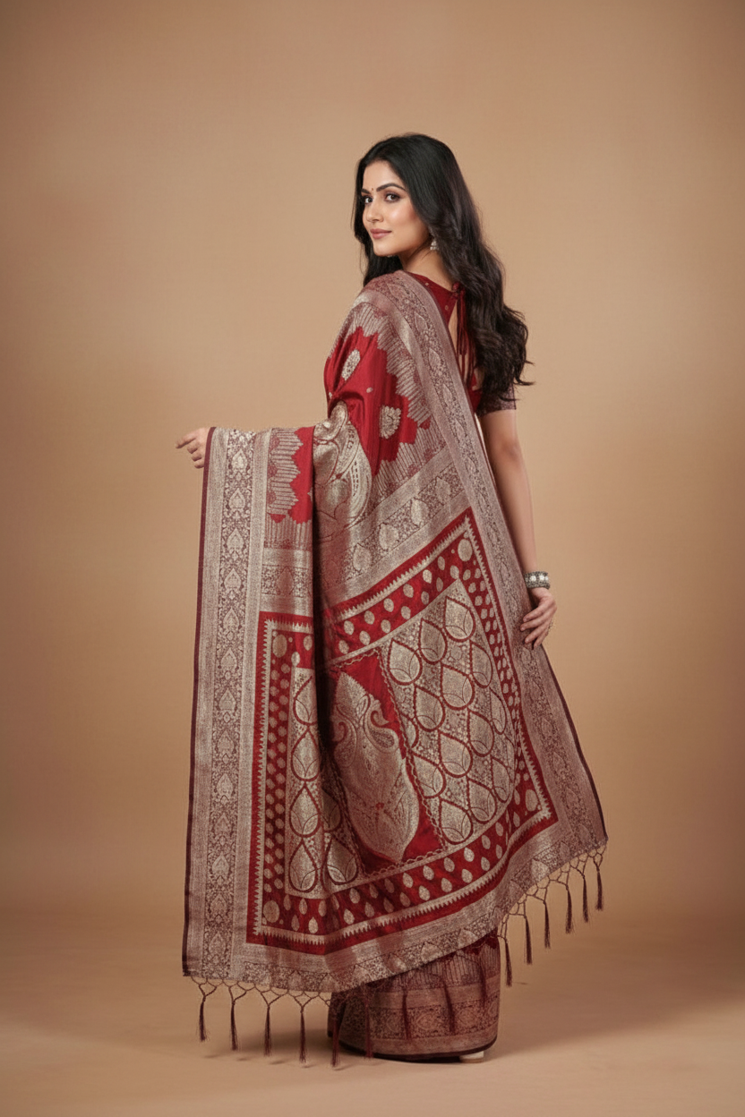 Snuggle Spot Women's Silk Blend Printed Saree With Unstitched Blouse 5.5Mtr (Maroon)