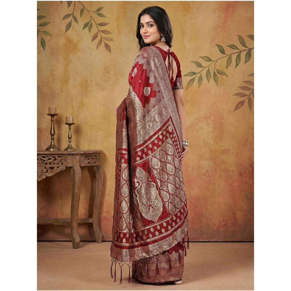 Snuggle Spot Women's Silk Blend Printed Saree With Unstitched Blouse 5.5Mtr (Maroon)