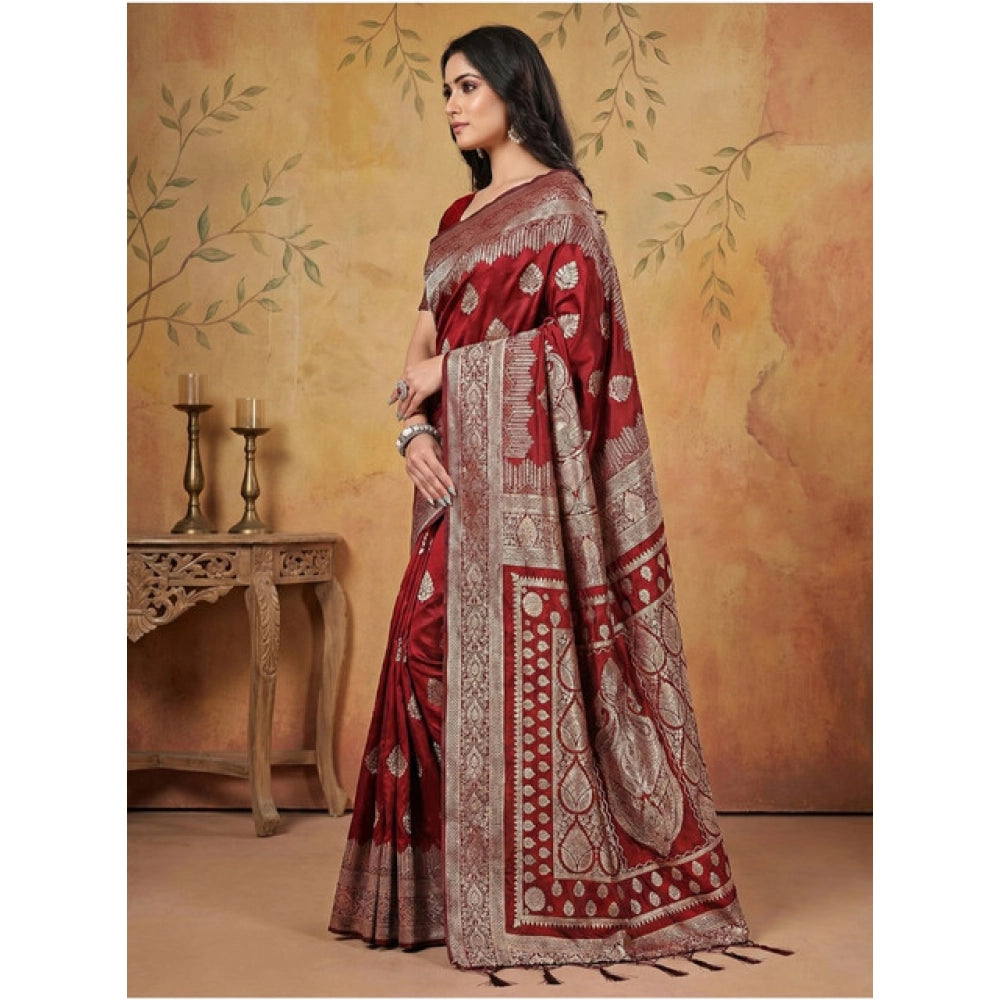 Snuggle Spot Women's Silk Blend Printed Saree With Unstitched Blouse 5.5Mtr (Maroon)