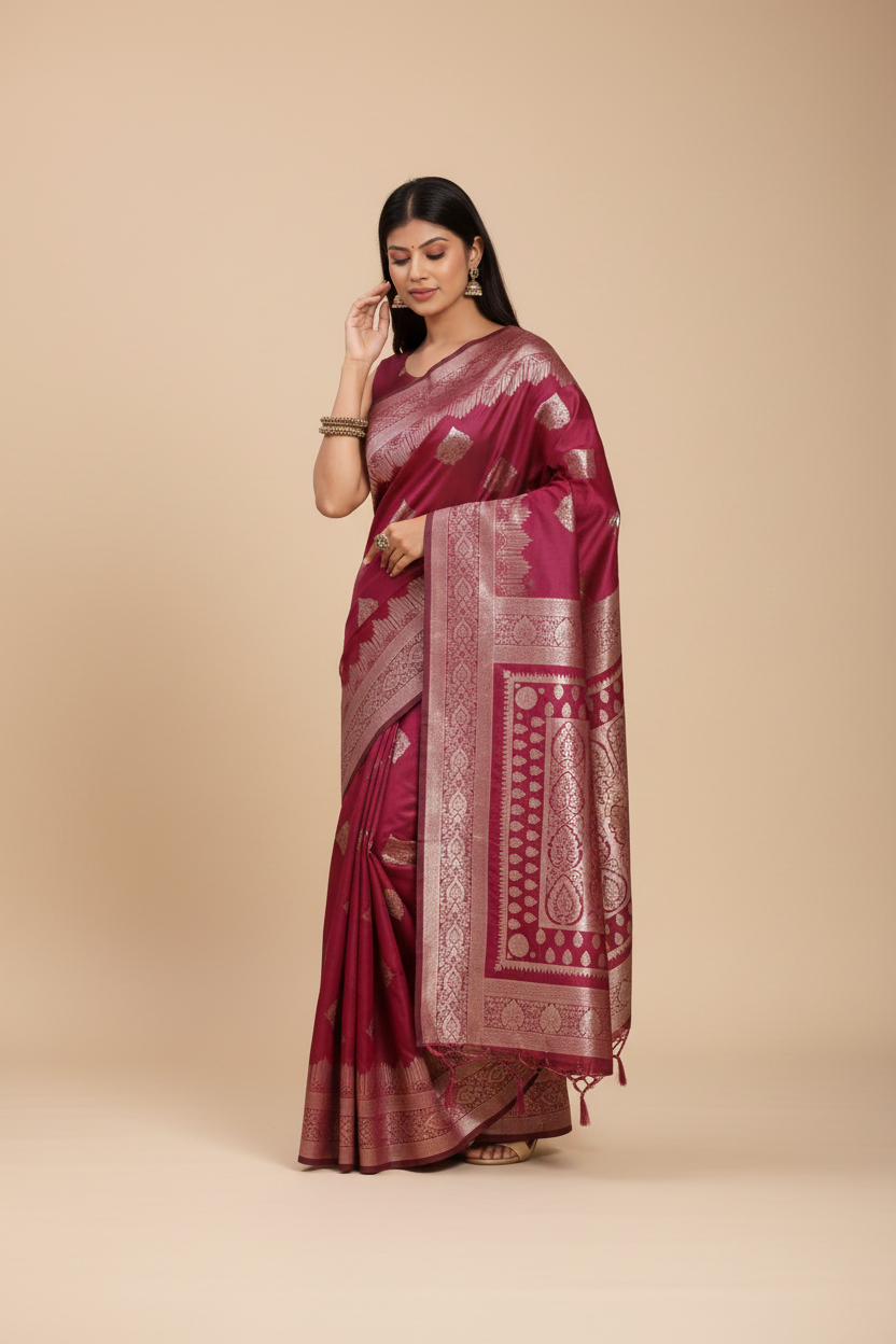 Snuggle Spot Women's Banarasi Silk Printed Saree With Unstitched Blouse 5.5Mtr (Magenta)