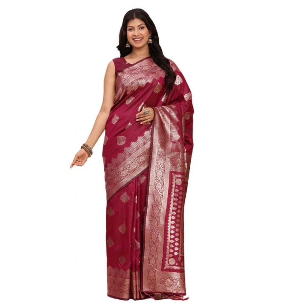 Snuggle Spot Women's Banarasi Silk Printed Saree With Unstitched Blouse 5.5Mtr (Magenta)